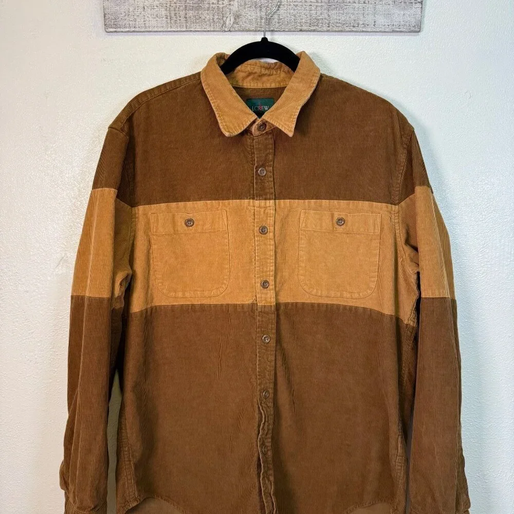 J. Crew Mens Midweight Corduroy Workshirt in Colorblock Medium Brown tan